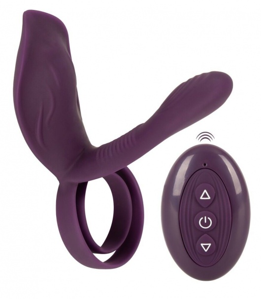 Фиолетовая насадка на член с клиторальным отростком и пультом ДУ RC Couple’s Vibrator 2 - Orion - в Сочи купить с доставкой