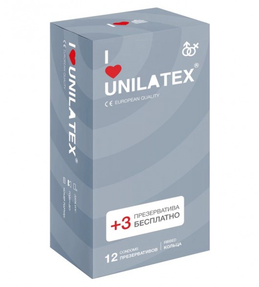 Презервативы с рёбрами Unilatex Ribbed - 12 шт. + 3 шт. в подарок - Unilatex - купить с доставкой в Сочи